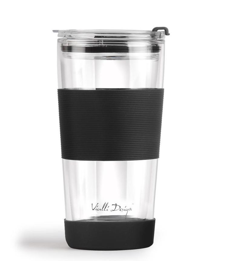 Vialli Design, kubek termiczny szklany ze słomką, 600 ml, czarny Fuori