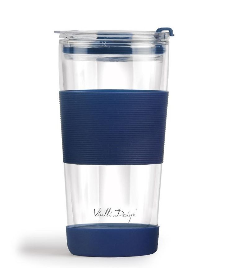 Vialli Design, kubek termiczny szklany ze słomką, 600 ml, granatowy Fuori