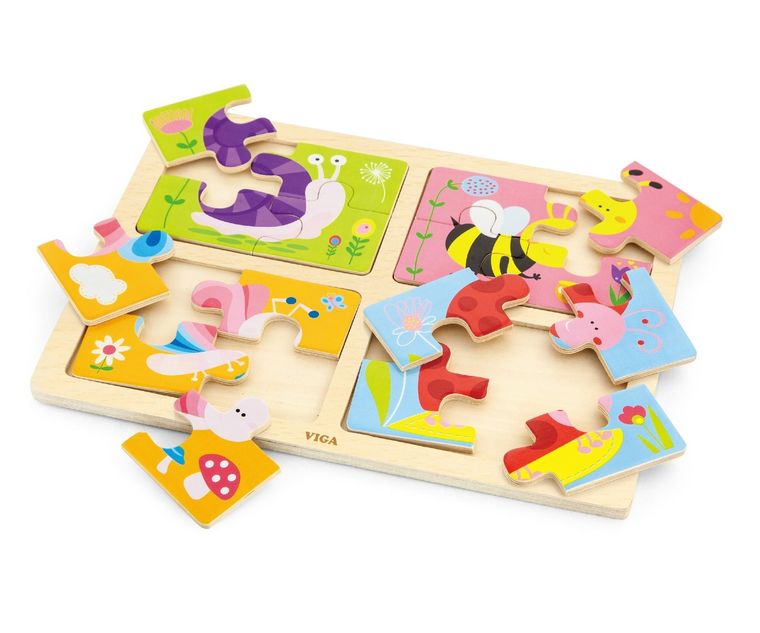 Viga, owady, puzzle drewniane na podkładce, 4w1, 16 elementów