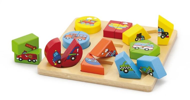 Viga, pojazdy, sorter, puzzle trójwymiarowe na podkładce