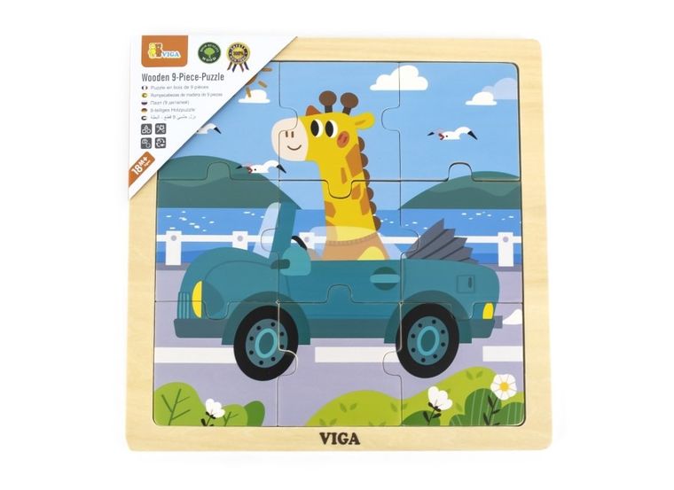 Viga, puzzle drewniane, na podkładce, auto, 9 elementów
