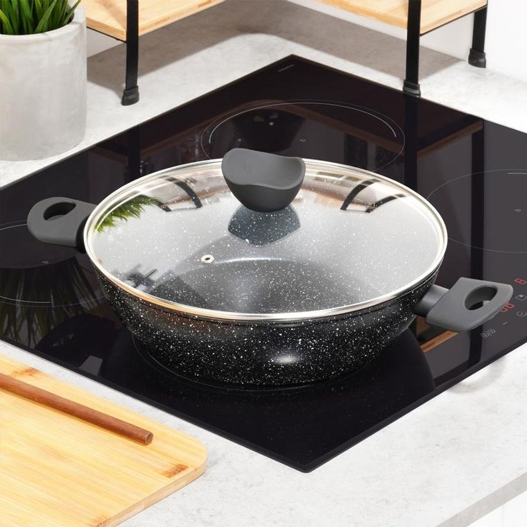 Vilde, Black line, patelnia granitowa głęboka ze szklaną pokrywką, 28 cm, 3,5 l