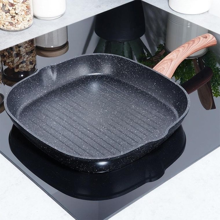 Vilde, Black&Wood, patelnia do grillowania granitowa kwadratowa, 28-28 cm