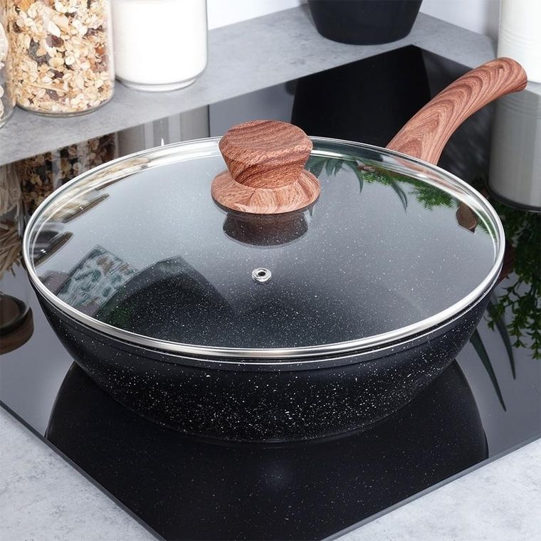 Vilde, Black&Wood, patelnia granitowa ze szklaną pokrywką, 28 cm, 3,5 l