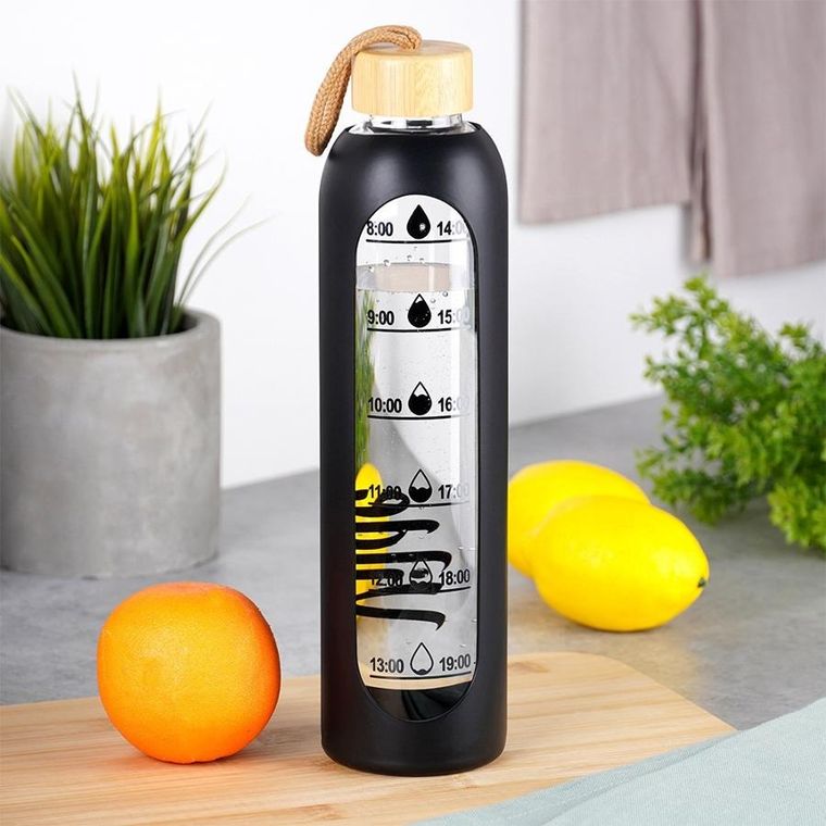 Vilde, butelka na wodę, szklana z silikonowym pokrowcem, czarna, 1l