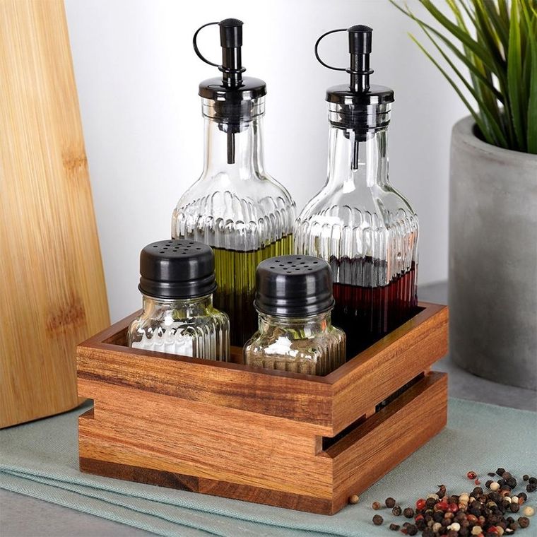 Vilde, butelki na oliwę i ocet, przyprawniki w stojaku, 5 elementów