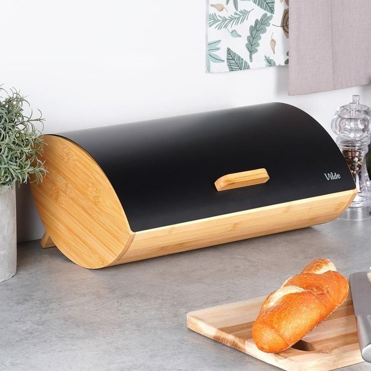 Vilde, chlebak drewniano-metalowy, czarny, 35,5-24,5-15,5 cm