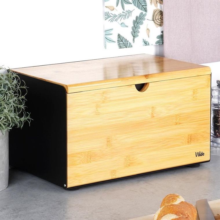 Vilde, chlebak drewniano-metalowy, podwójna pokrywa, czarny, 35,5-22-20,5 cm