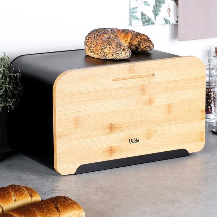 Vilde, chlebak metalowy z deską bambusową, czarny, 35-22-20,5 cm