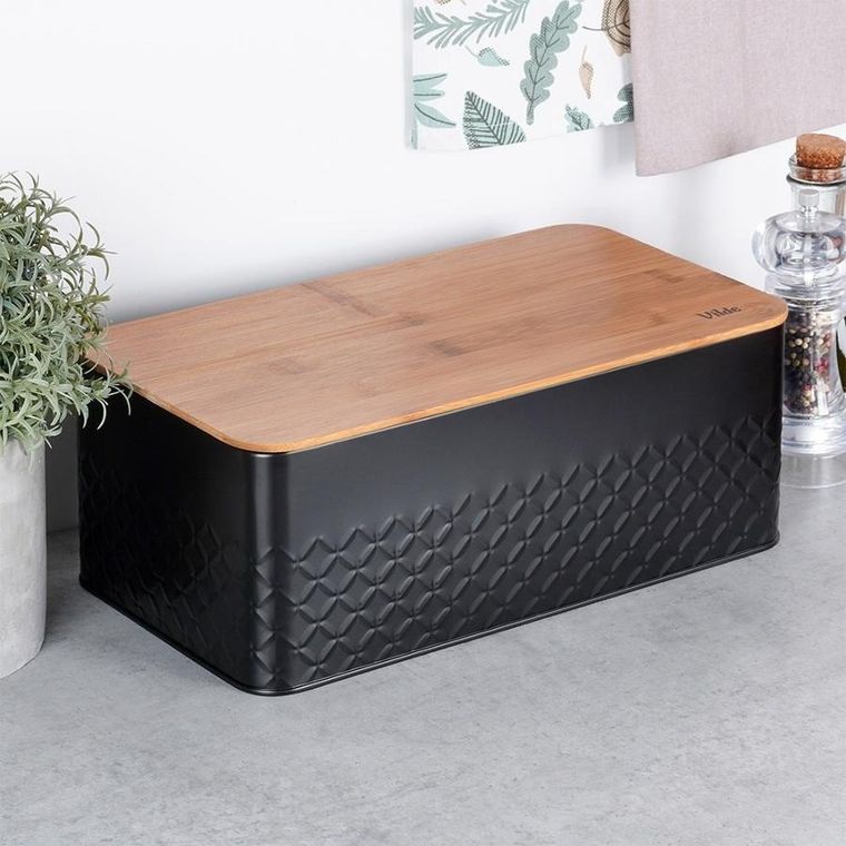 Vilde, chlebak metalowy z deską drewnianą, czarny, 33,5-18,5-12,5 cm