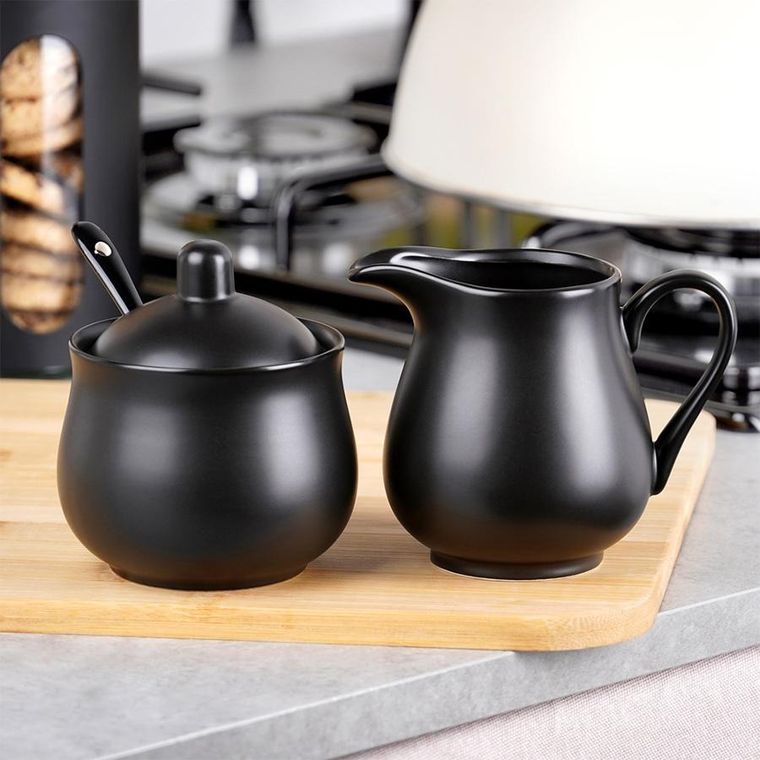 Vilde, cukierniczka i mlecznik, porcelanowe, czarne, 3 elementy