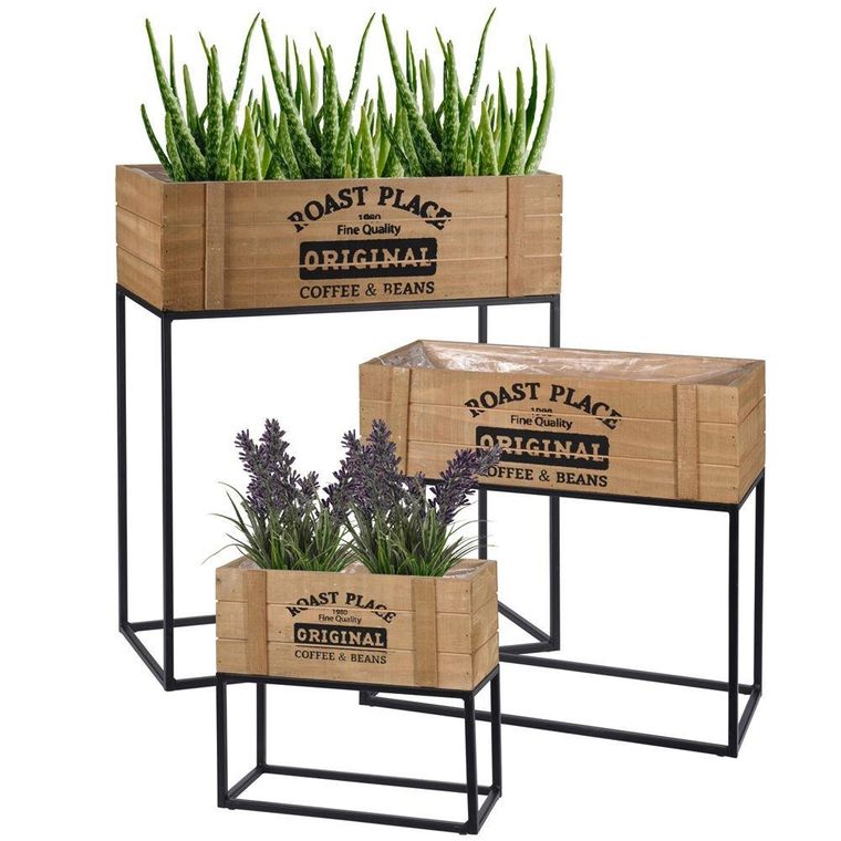 Vilde, doniczka skrzynka drewniana na metalowym stojaku, 50-21-60 cm