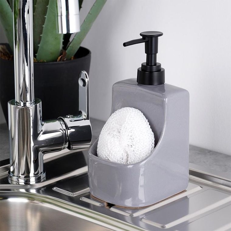 Vilde, dozownik płynu do naczyń z pojemnikiem na gąbkę i z gąbką ceramiczny, szary, 400 ml