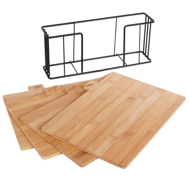 Vilde, kuchenna deska, bambusowa, 4 szt. w metalowym stojaku