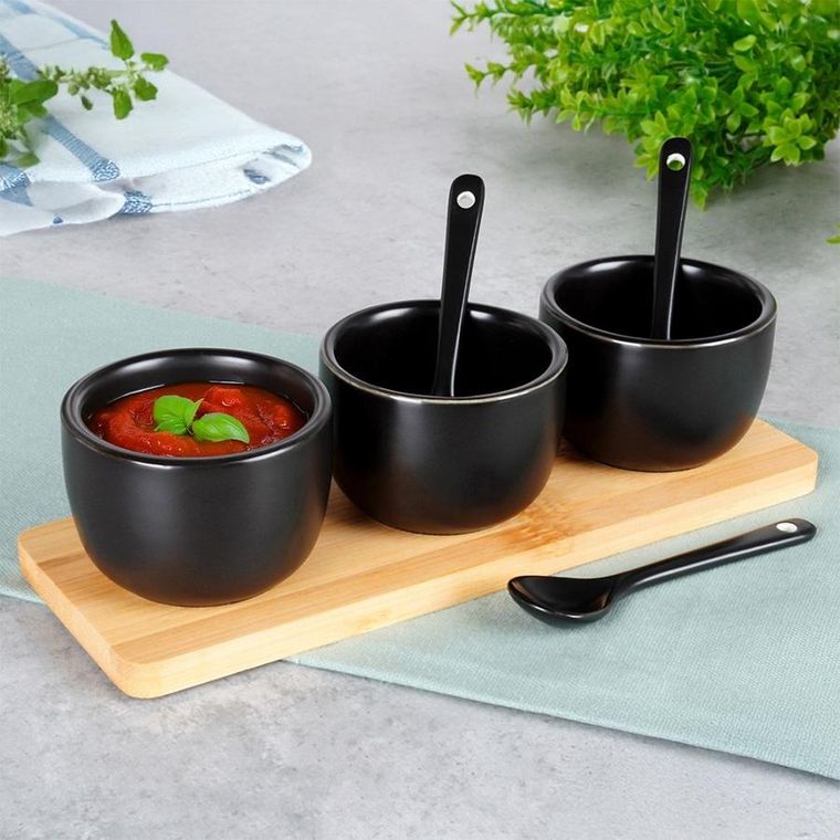 Vilde, miseczki na przekąski z łyżeczkami ceramiczne, czarne, 90 ml, 7 el.