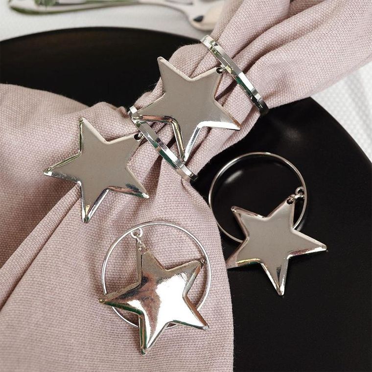 Vilde, obrączki na serwetki, metalowe srebrne, gwiazdki, 4 szt.