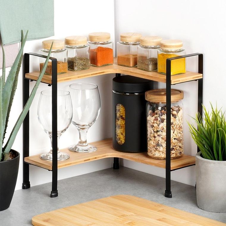 Vilde, półka kuchenna, drewniana, narożna, 2-poziomowa, 29,5-29,5-33,5 cm