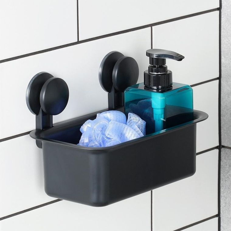 Vilde, półka pod prysznic na przyssawki, czarna, 23,5-13,5-15 cm