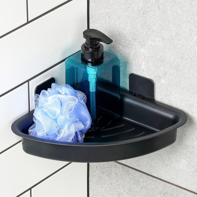 Vilde, półka pod prysznic, narożna, przyklejana, czarna, 28-22-8 cm