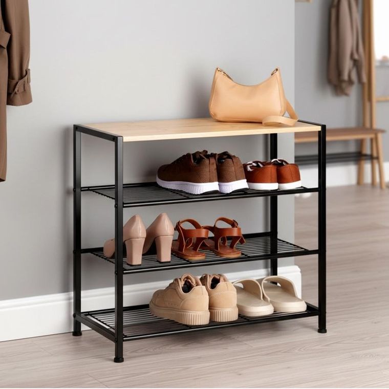 Vilde, regał na buty, 4-poziomowy, metalowy, czarny, 60-30-57 cm