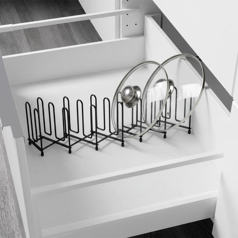 Vilde, stojak na pokrywki i talerze, rozkładany, metalowy, czarny, 8-74 cm