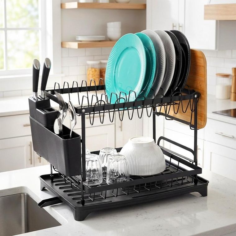 Vilde, suszarka na naczynia, metalowa, czarna, 2-poziomowa, 42-29-36,5 cm