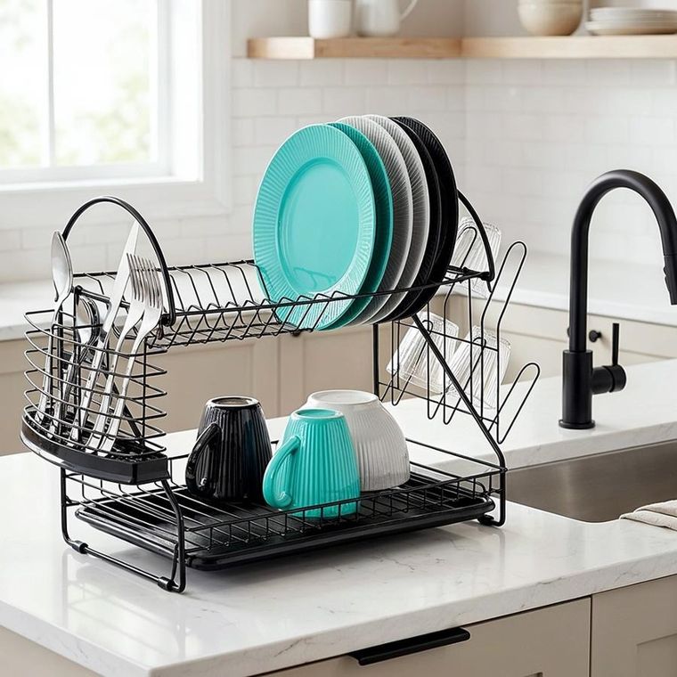 Vilde, suszarka na naczynia, metalowa, czarna, 2-poziomowa, 53-24-38,5 cm