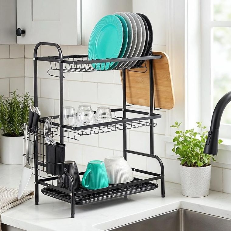 Vilde, suszarka na naczynia, metalowa, czarna, 3-poziomowa, 54,5-24,5-60 cm