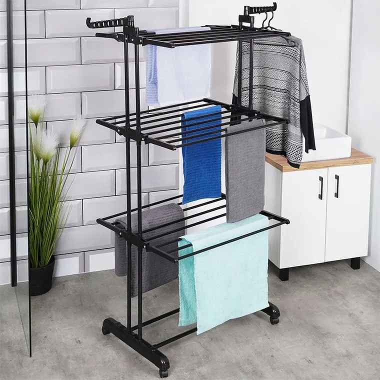 Vilde, suszarka na pranie metalowa, czarna, pionowa na kółkach, 125-170 cm