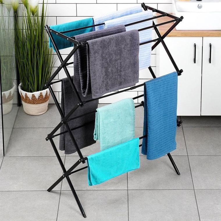 Vilde, suszarka na pranie metalowa, czarna, pionowa rozsuwana, 44.5-75-37.5-105 cm