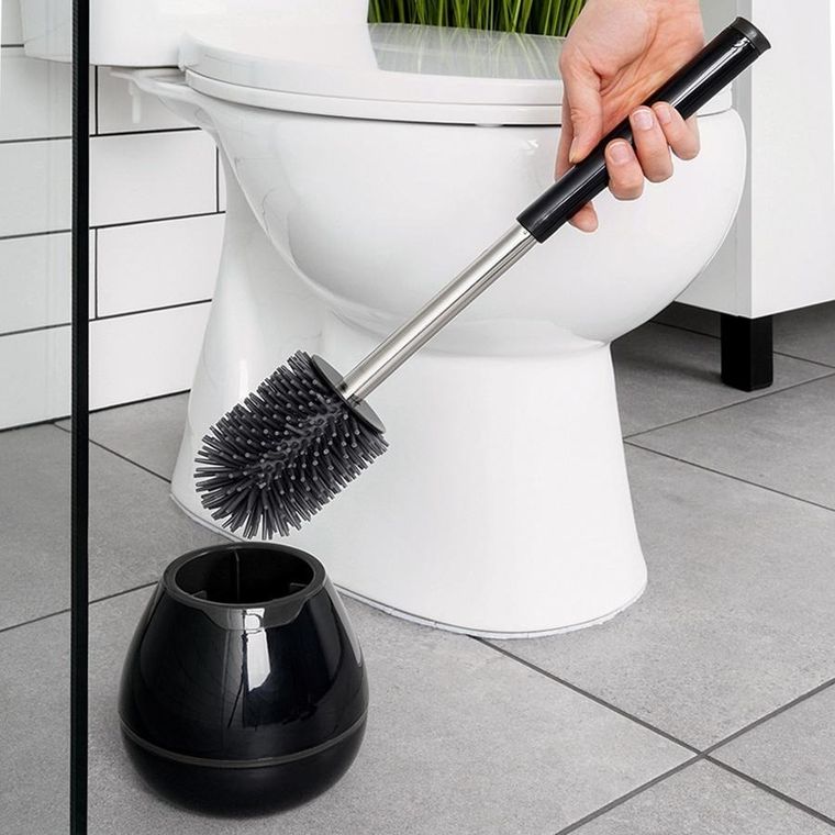 Vilde, szczotka do toalety silikonowa ze stojakiem i szczypcami, czarna, 42 cm