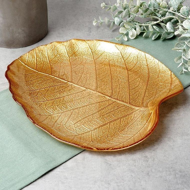Vilde, talerz do serwowania, szklany, złoty, liść, 27,5-24 cm