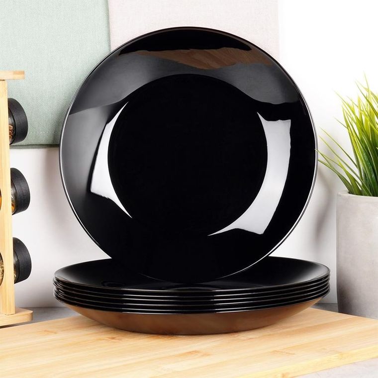 Vilde, talerze obiadowe płytkie szklane czarne 25,5 cm 6 szt.