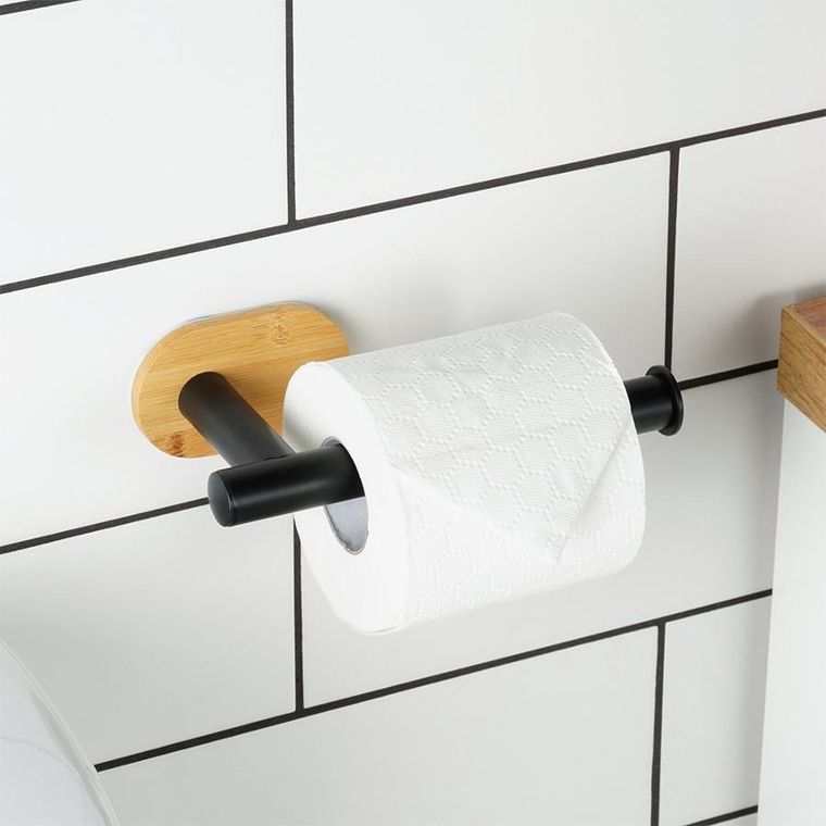 Vilde, uchwyt na papier toaletowy stalowy, bambusowy, czarny, 17 cm
