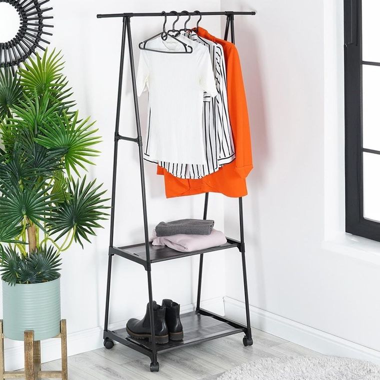 Vilde, wieszak, stojący na ubrania, metalowy czarny na kółkach, 88-44-160 cm