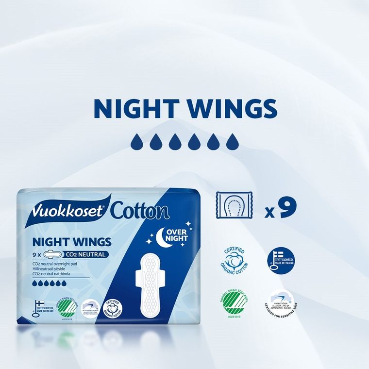 Vuokkoset, COTTON, Podpaski ze Skrzydełkami na Noc, Sensitive, 9 szt.
