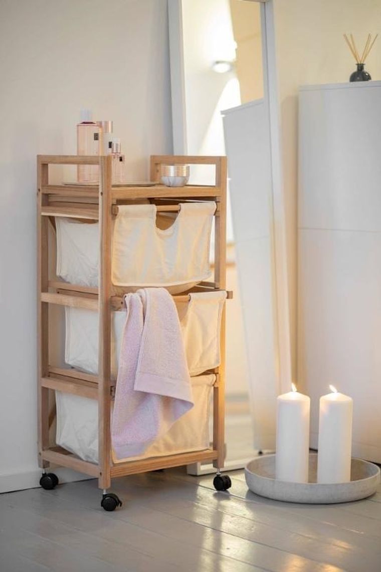 Wenko, Acina, szafka łazienkowa z trzema materiałowymi pojemnikami, drewno akacjowe