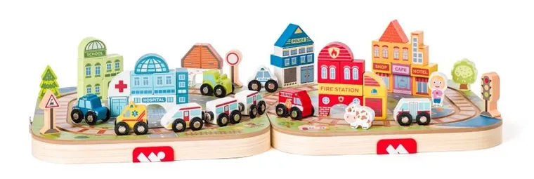 Woodyland, drewniana kolejka z miastem, walizka, 55 elementów
