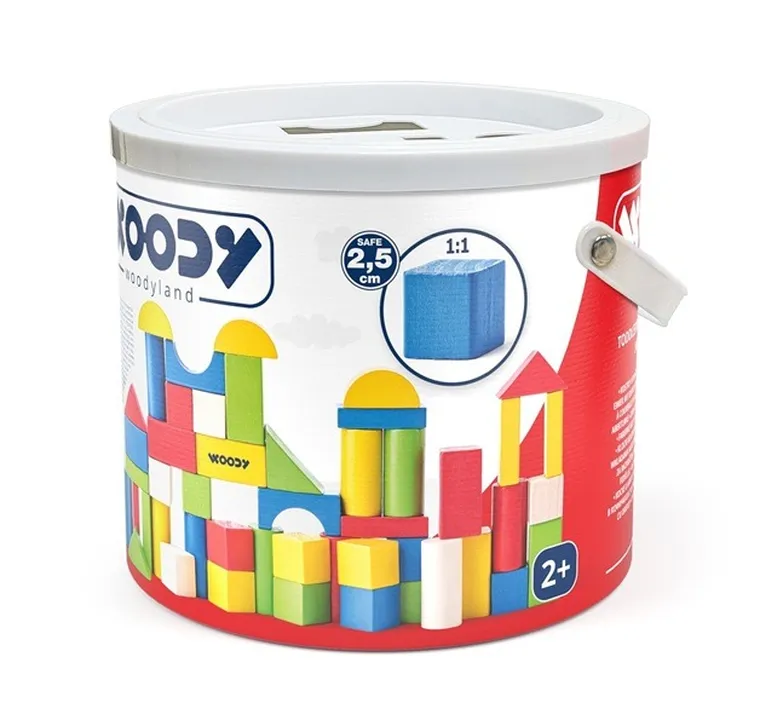 Woodyland, drewniane klocki w wiaderku z pokrywką do sortowania kształtów, 50 elementów