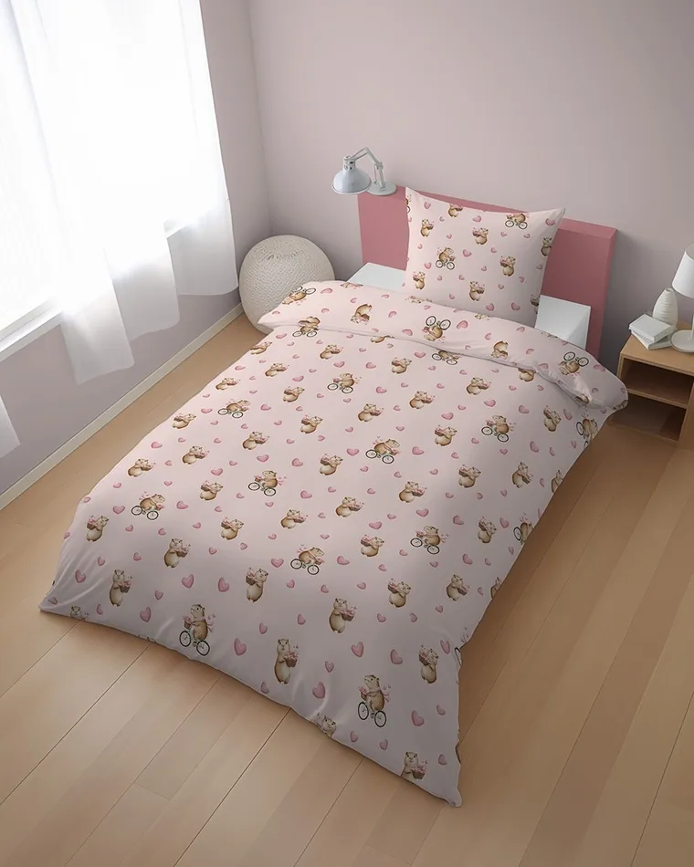 XOXO, komplet pościeli młodzieżowej, 140-200 cm + 70-80 cm, kapibara na rowerze