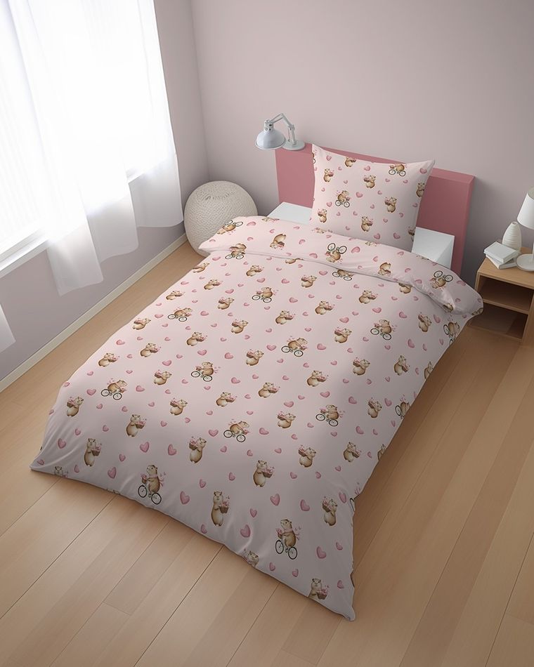 XOXO, komplet pościeli młodzieżowej, 160-200 cm + 70-80 cm, kopibara na rowerze