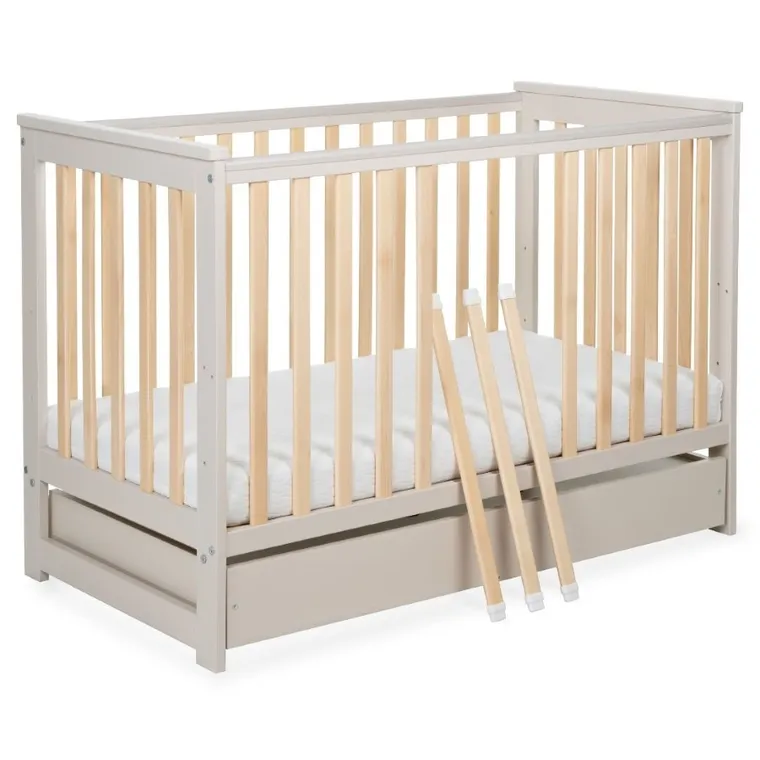 Yoonco, IWI, łóżeczko drewniane z szufladą i barierką, beż/buk