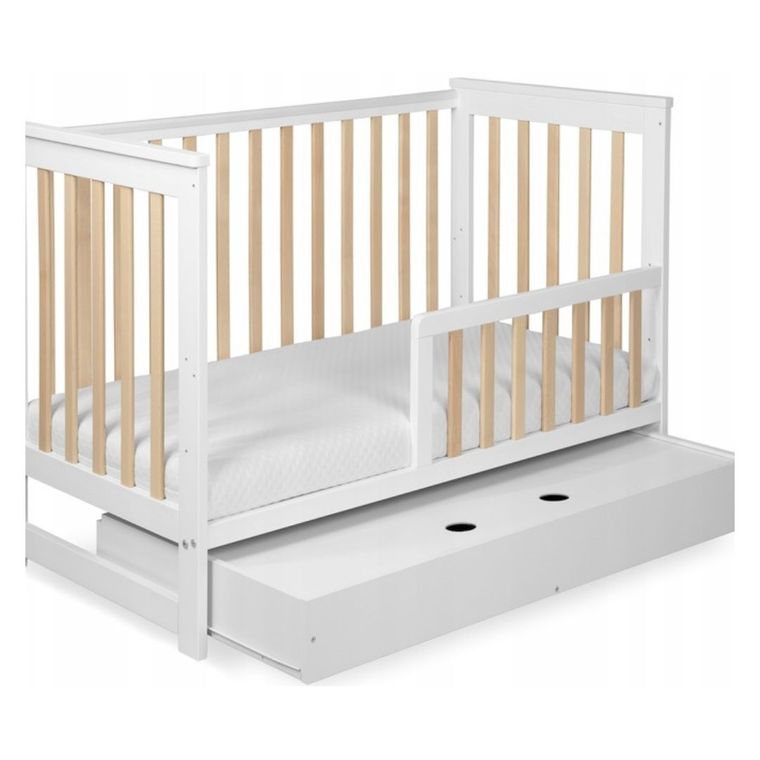 Yoonco, IWI, łóżeczko drewniane z szufladą i barierką, białe/buk