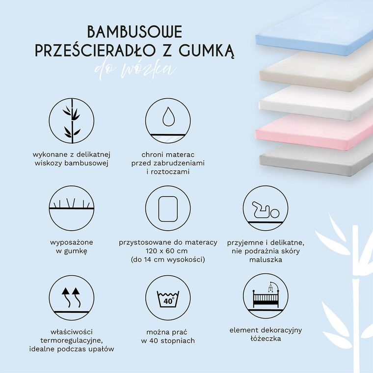 Yoonco, prześcieradło, bambusowe, niebieskie, 120-60 cm