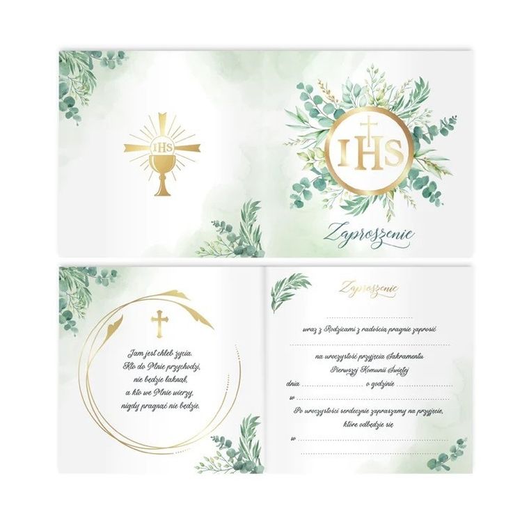 Zaproszenia na Komunię, IHS, złote, 10 szt.