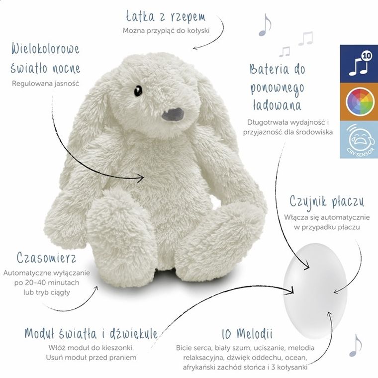 Zazu, Królik RO, szumiąca maskotka z lampką nocną, biała