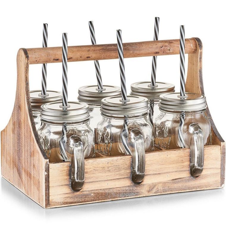 Zeller, drewniana skrzynka na słoiki do napojów + 6x słoik ze słomką