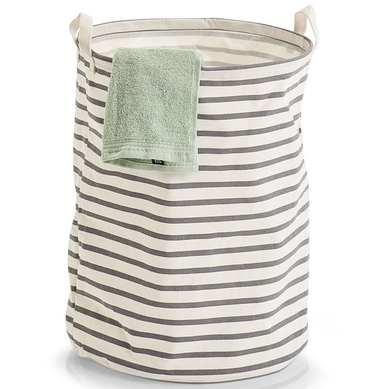 Zeller, kosz na bieliznę, składany, dwa uchwyty, biały w szare poziome paski