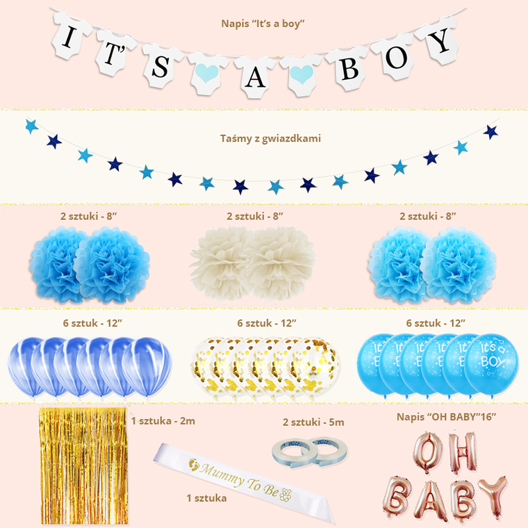 Zestaw balonów i rekwizytów na Baby Shower, It's a Boy