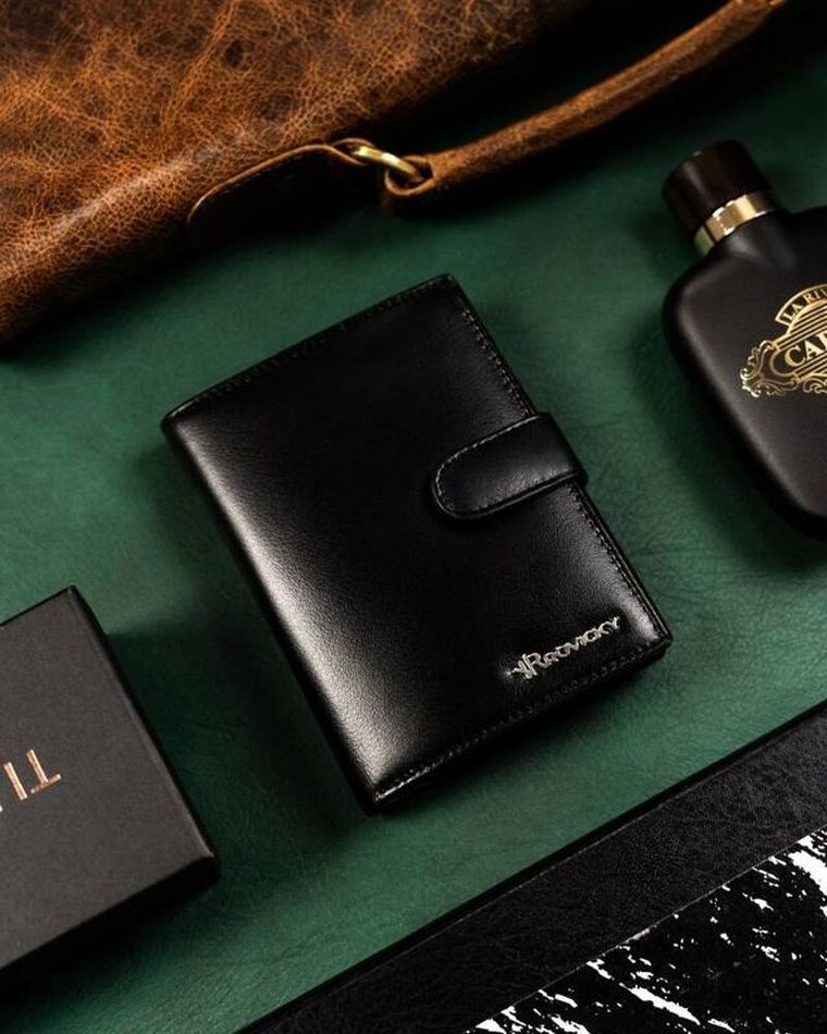 Zestaw: Portfel, Brelok, czarny, skórzany, RFID, Rovicky